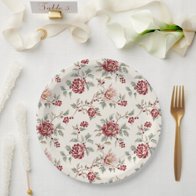 Pretty Chic Red Cream Floral Wedding Paper Plate (Wedding)