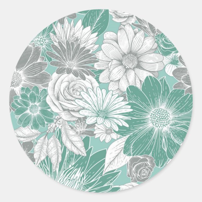 Pretty Chic Sage Green Girly Floral Classic Round Sticker (Front)