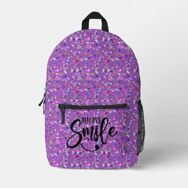 Pretty Chic Stylish Always Smile Glitter Backpack (Front)