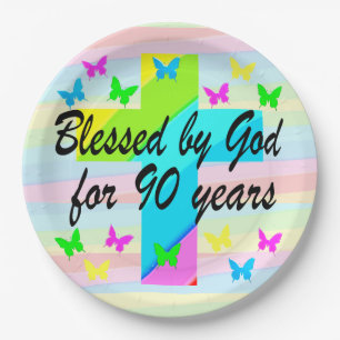 PRETTY CHRISTIAN 90TH BIRTHDAY PAPER PLATES
