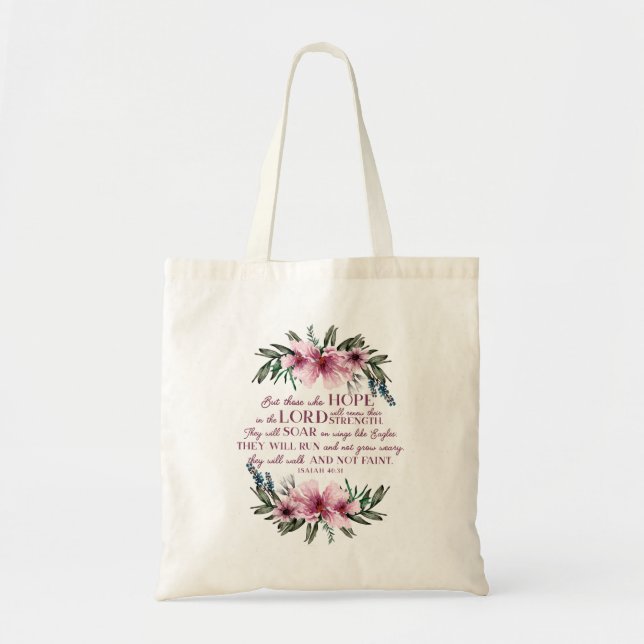 Pretty Christian Bible Verse Blush Pink Floral Tote Bag (Front)