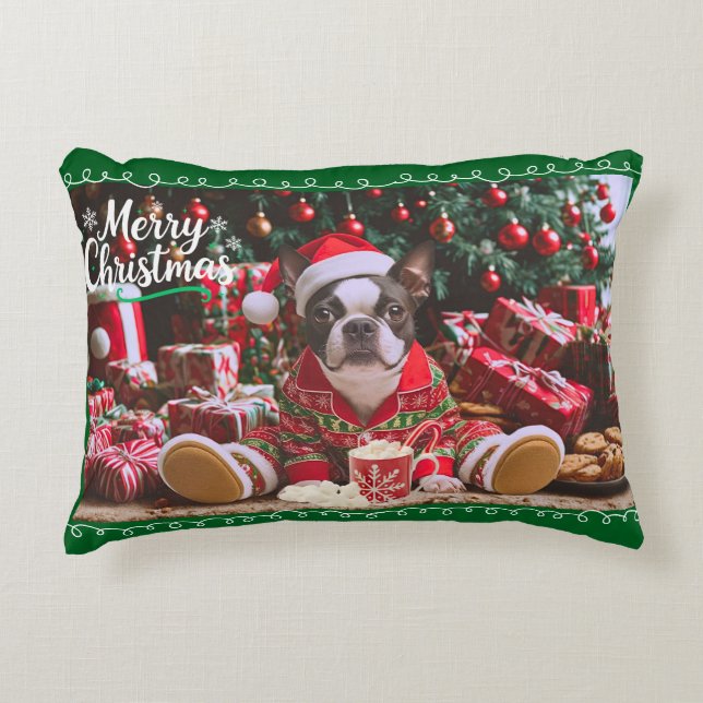 Pretty Christmas Boston Terrier in Pyjamas Decorative Cushion (Front)