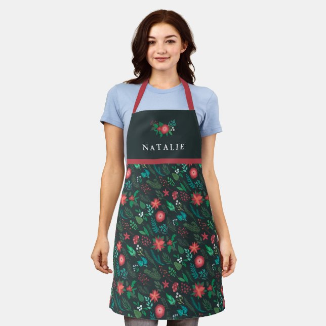 Pretty Christmas Floral Pattern Name Green Womens Apron (Worn)