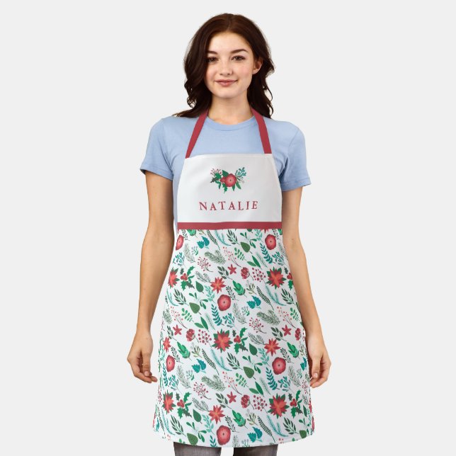 Pretty Christmas Floral Pattern Name White Womens Apron (Worn)