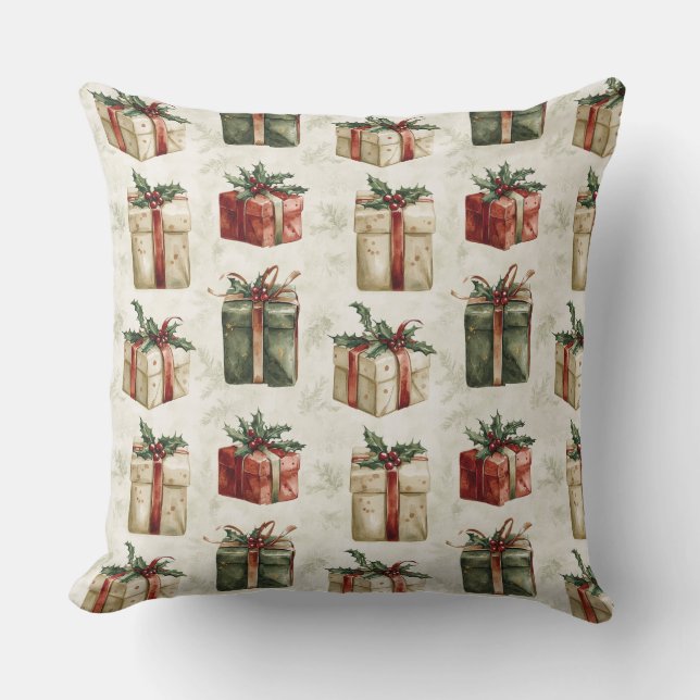 Pretty Christmas Gifts with Ribbons and Holly Cushion (Front)