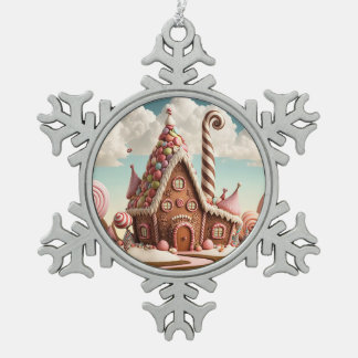 Pretty Christmas Gingerbread House Snowflake Pewter Christmas Ornament