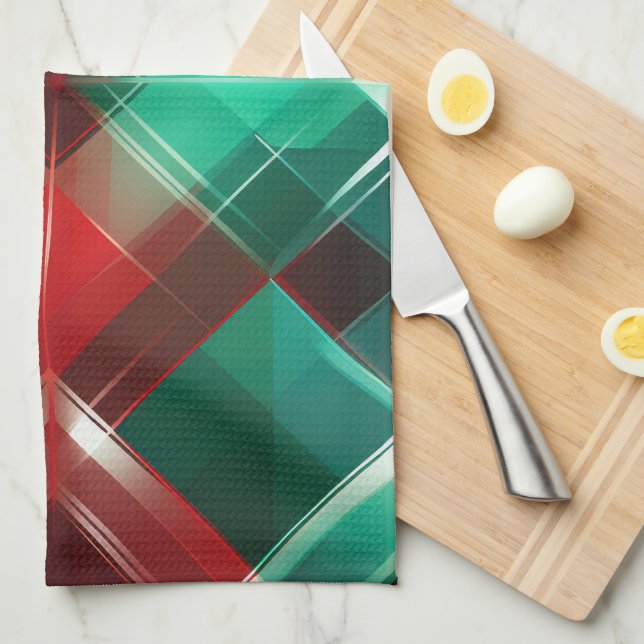 PRETTY CHRISTMAS HOLIDAY RED GREEN WHITE PLAID TEA TOWEL (Quarter Fold)