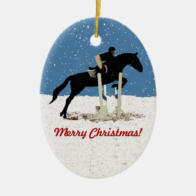 Pretty Christmas Horse Jumping Ceramic Ornament (Front)