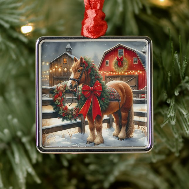 Pretty Christmas Horse on a Festive Farm Metal Ornament (Tree)