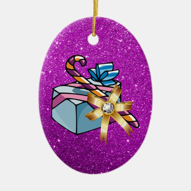 Pretty Christmas Present & Pink Faux Glitter Ceramic Ornament (Front)