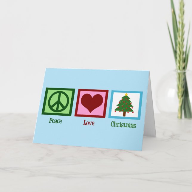 Pretty Christmas Tree Blue Peace Sign Heart Holiday Card (Front)