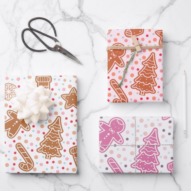 Pretty Christmas Trees Hears Stars Christmas Wrapping Paper Sheet (Front)