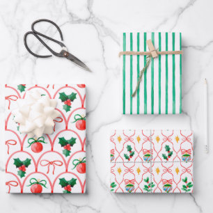 Pretty Christmas Watercolor Ornaments & Holly  Wrapping Paper Sheet