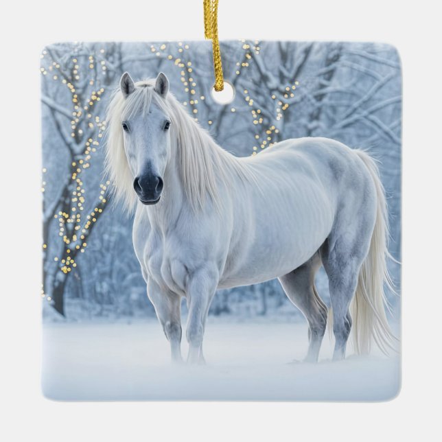 Pretty Christmas White Horse Snow Lights Ceramic Ornament (Front)