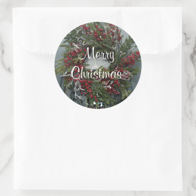 Pretty Christmas Wreath Red Berries Classic Round Sticker (Bag)