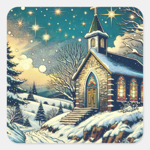 Pretty Church on a Winter Christmas Square Sticker