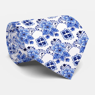 Pretty Classic Dutch Delft Blue Floral Art Pattern Tie