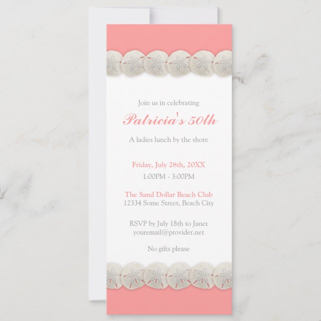 Pretty Classic Sand Dollar Invitation in Coral (Front)