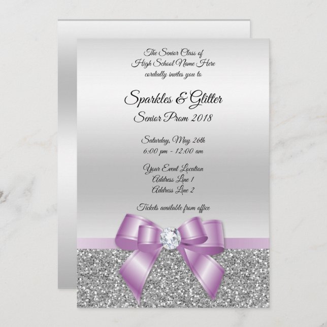 Pretty Classy Lilac Bow & Silver Glitter Prom Invitation (Front/Back)