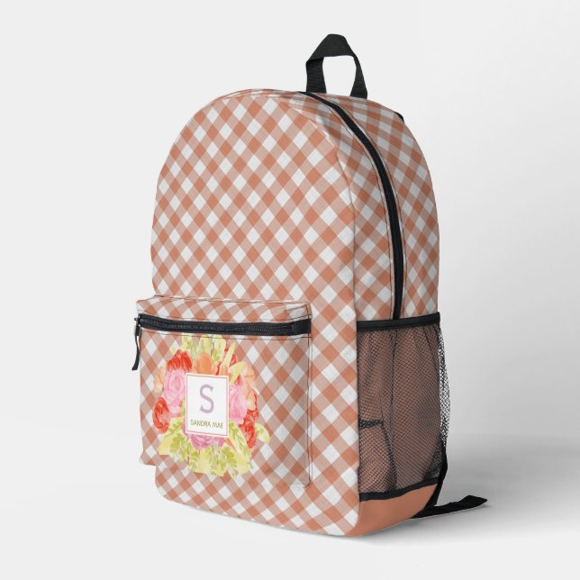 Pretty Classy Pastel Peach Orange Check Pattern Printed Backpack (Back Corner Right)