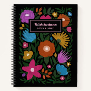 Pretty Colorful Bold Florals with Name   Black Notebook
