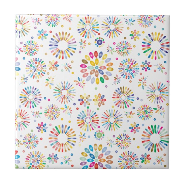 Pretty Colorful Flowers Circles Pattern on White Ceramic Tile (Front)