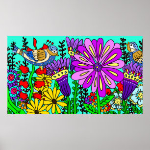 Pretty Colorful Folk Art Style Bird and Flowers Poster