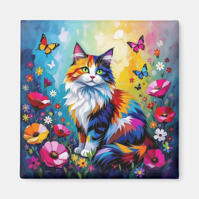 Pretty Colorful Impasto Cat and Flowers Magnet (Front)