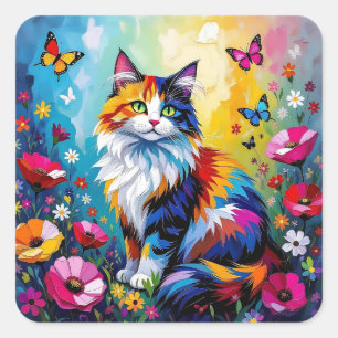 Pretty Colorful Impasto Cat and Flowers Square Sticker