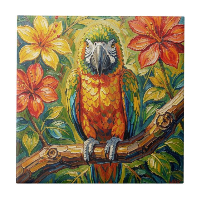 Pretty Colorful Impasto Parrot and Tropical Flower Ceramic Tile (Front)