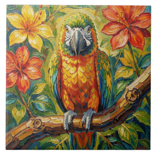 Pretty Colorful Impasto Parrot and Tropical Flower Ceramic Tile