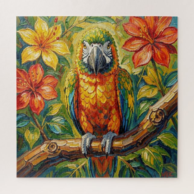 Pretty Colorful Impasto Parrot and Tropical Flower Jigsaw Puzzle (Vertical)