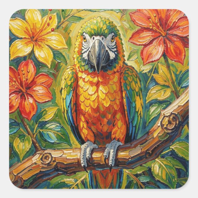 Pretty Colorful Impasto Parrot and Tropical Flower Square Sticker (Front)
