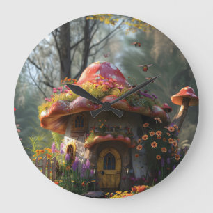 Pretty colorful mushroom house large clock