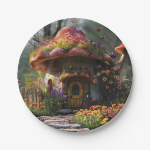 Pretty colorful mushroom house paper plate