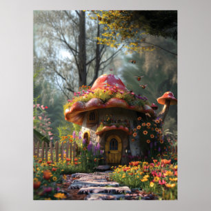 Pretty colorful mushroom house poster