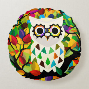 Pretty Colorful Owl Art  Round Cushion