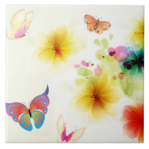 pretty coloured flowers butterfly tile