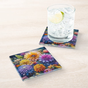 Pretty Colourful Ai Art Flowers  Glass Coaster