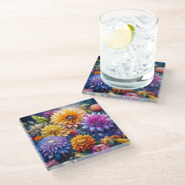 Pretty Colourful Ai Art Flowers  Glass Coaster (Angled)