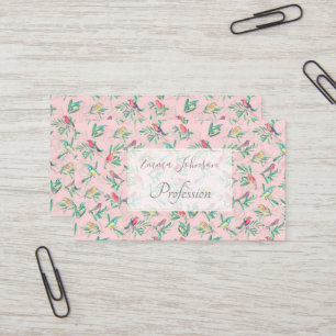 Pretty Colourful Birds Leaves Vintage Pink Design Business Card