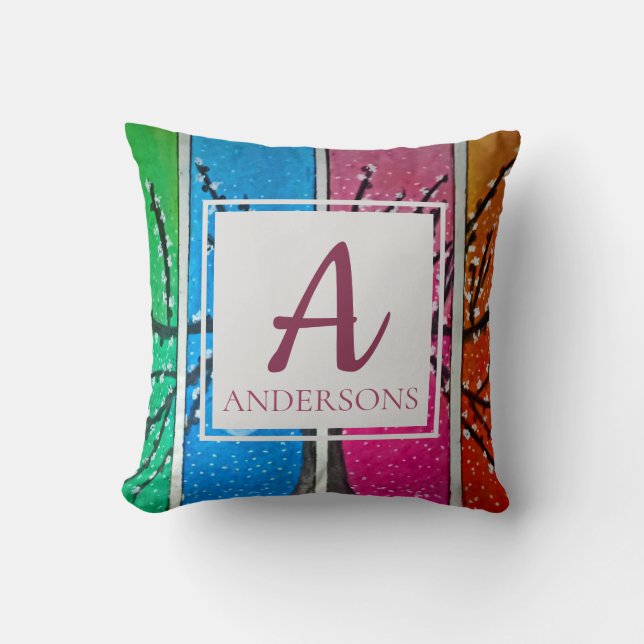 Pretty Colourful Blue Green Orange Pink | Monogram Cushion (Front)