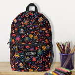 Pretty Colourful Botanical Art Midnight Name Custo Printed Backpack<br><div class="desc">A stunning colourful botanical at night, fairytail illustration, virant colour on a black background. The text field below allows you to easily type your name or delete. If you would like to alter the design's colour or font, or even take the personal tag off, send me a message on Zazzle....</div>