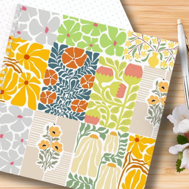 Pretty colourful botanical pattern Pink green blue Notebook (Modern feminine flower pattern in collage style for her. Mustard, green, pink notebooks.)