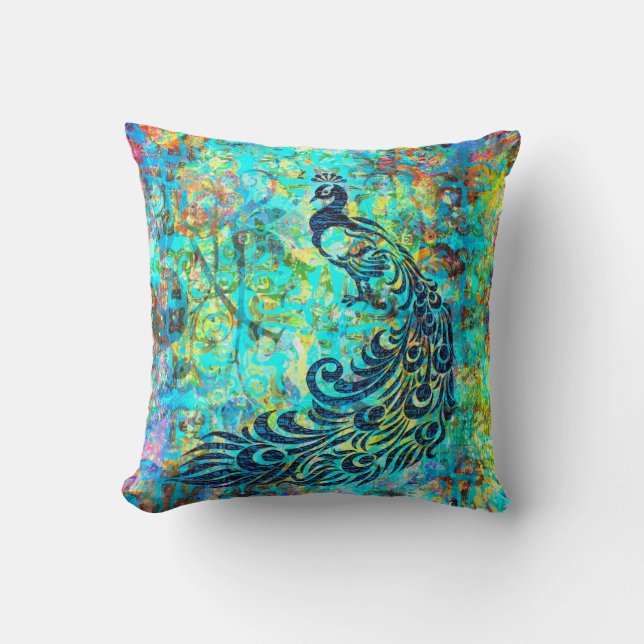 Pretty Colourful Bright Turquoise Peacock Abstract Cushion (Front)