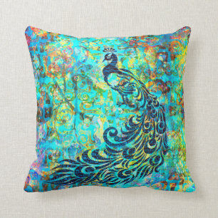 Pretty Colourful Bright Turquoise Peacock Abstract Cushion