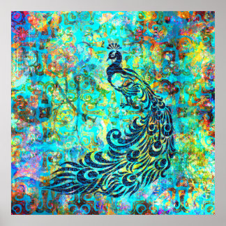 Pretty Colourful Bright Turquoise Peacock Abstract Poster