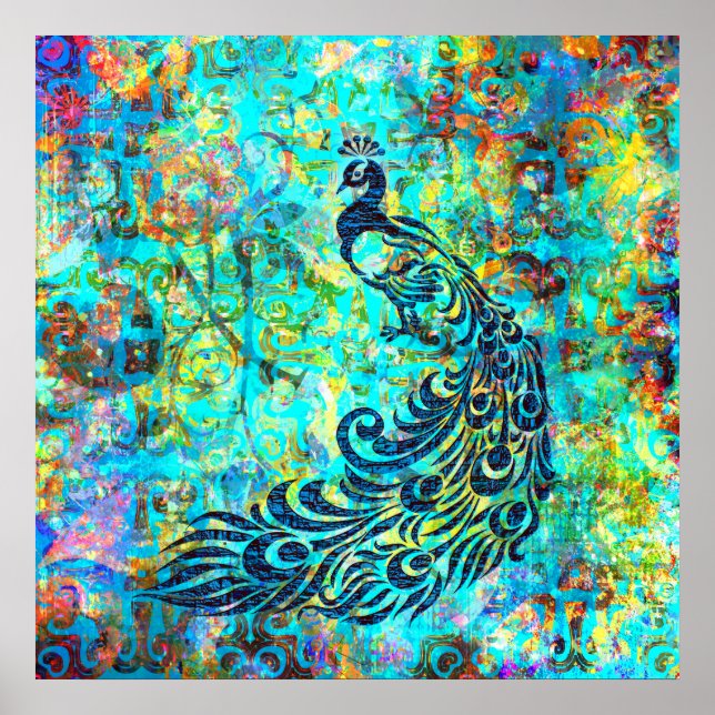 Pretty Colourful Bright Turquoise Peacock Abstract Poster (Front)