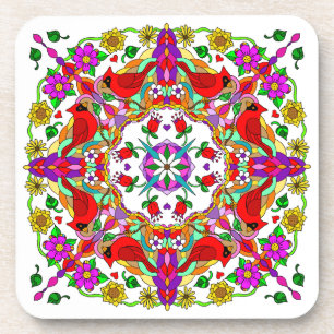 Pretty Colourful Cardinals and Flowers Coaster
