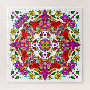 Pretty Colourful Cardinals and Flowers Mandala Jigsaw Puzzle